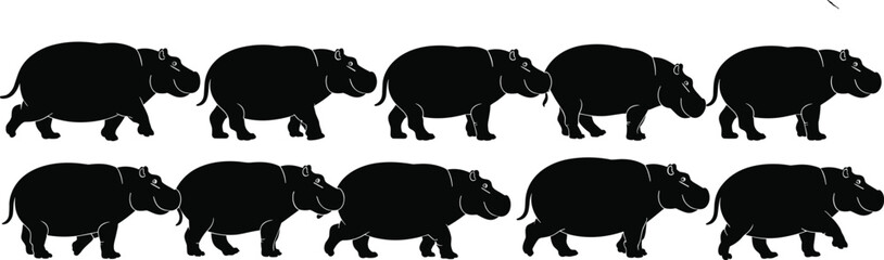  Large Hippopotamus Silhouettes in Walking Poses, Ideal for Wildlife, Nature, and African Animal Designs