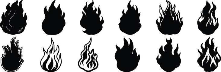 Dynamic Fire Flame Silhouettes in Various Shapes and Styles, Ideal for Energy, Power, and Abstract Designs
