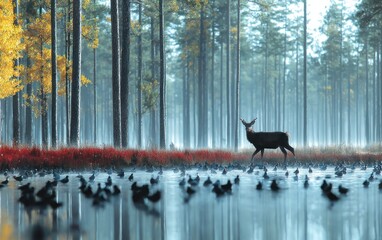 Misty forest with deer and birds