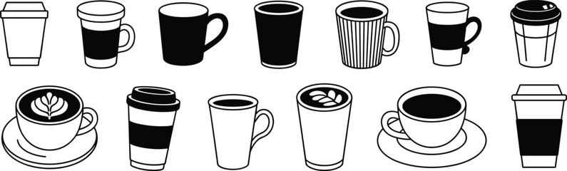 Diverse Coffee Cup and Mug Silhouettes, Featuring Various Styles for Cafe, Beverage, and Drink Designs