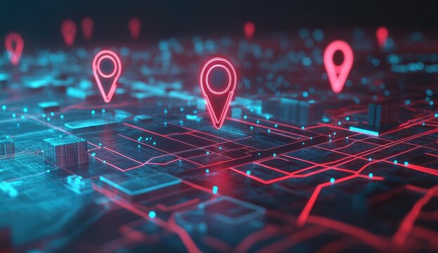 Digital city map with glowing red location markers