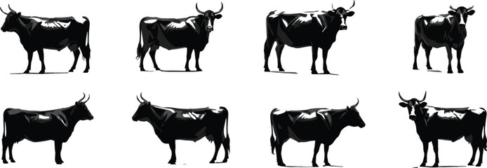  Various Cattle and Cow Silhouettes, Including Bulls and Calves, Ideal for Farm, Agriculture, and Livestock Designs