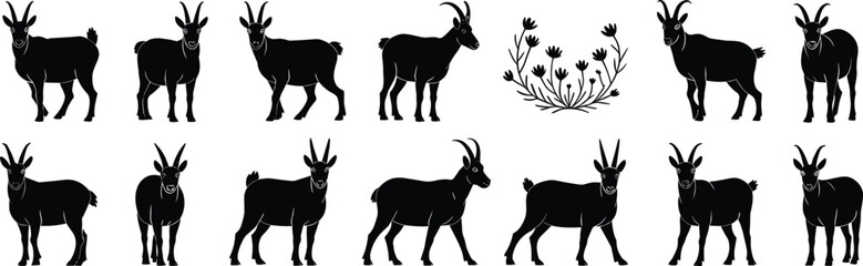  Elegant Mountain Goat and Chamois Silhouettes with Horns, Ideal for Wildlife, Nature, and Outdoor Designs