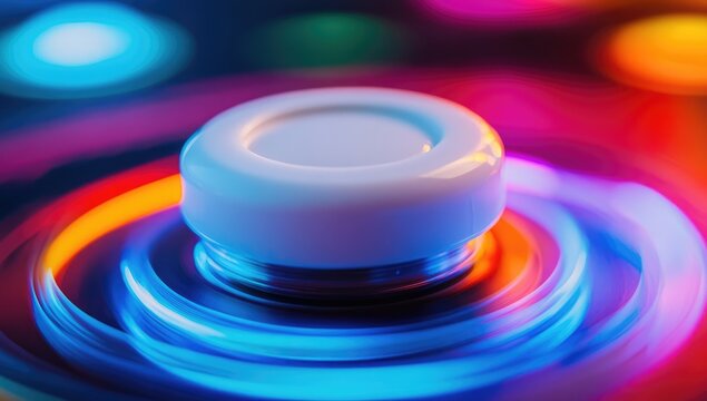 Close-up of a glowing white button in vibrant swirling neon colors