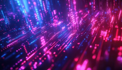 Abstract digital cityscape with vibrant neon lines and glowing points