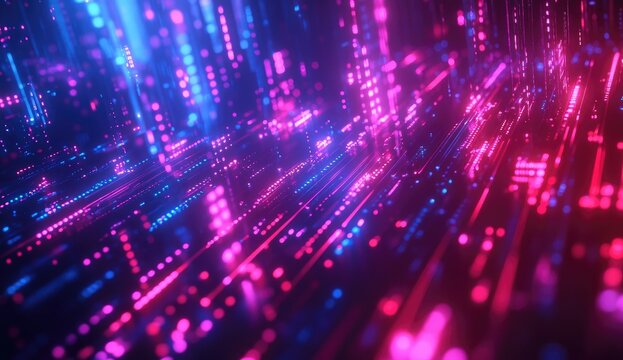 Abstract digital cityscape with vibrant neon lines and glowing points