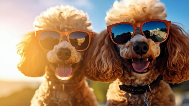 Two fun-loving standard poodles wearing orange sunglasses, tongues out, enjoying sunshine reflecting mountain scenery, outdoor leisure