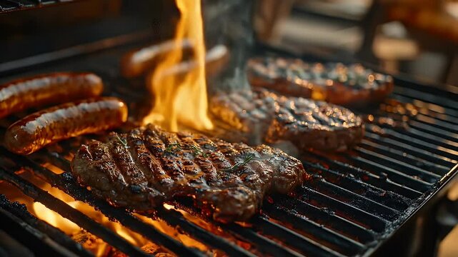 Sizzling Steaks and Sausages on a Grill With Flames in Close Up Detail Focus Stacking for an Adobe Stock Photo