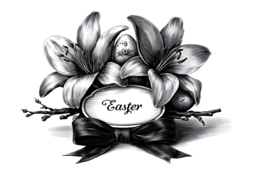 Vintage Easter label design with hand-drawn lilies, decorated eggs, twigs, and a simple tied ribbon bow at the bottom. Botanical monochrome style. Isolated white background. Ultra HD