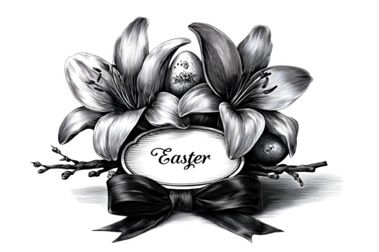 Vintage Easter label design with hand-drawn lilies, decorated eggs, twigs, and a simple tied ribbon bow at the bottom. Botanical monochrome style. Isolated white background. Ultra HD
