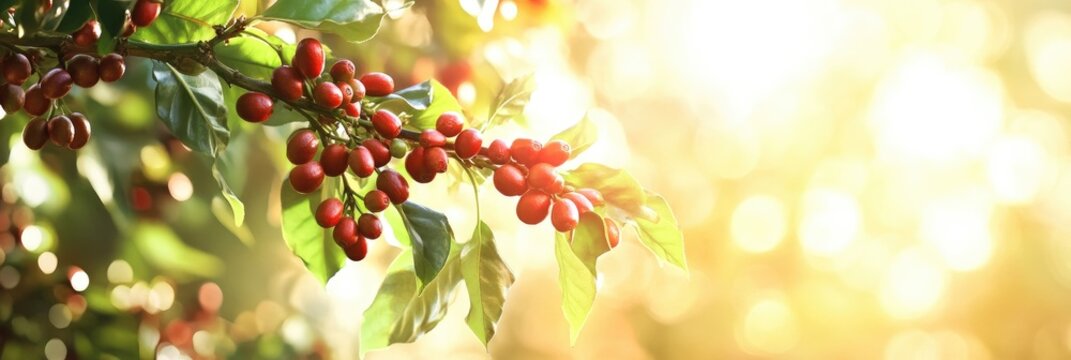 Coffee cherries on a branch bathed in sunlight - Powered by Adobe