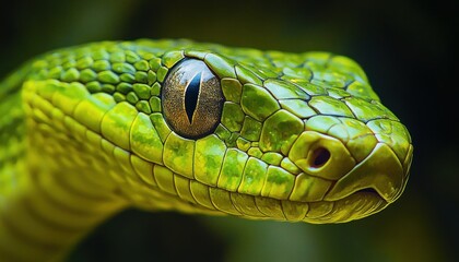 Fototapeta premium Close-up of a green snake with textured scales and a focused eye looking alert against a dark blurred background