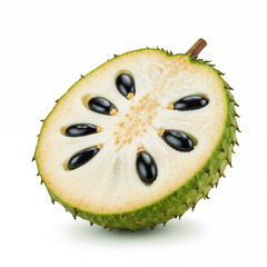 Sliced soursop fruit reveals creamy flesh and glossy black seeds against a clean white backdrop