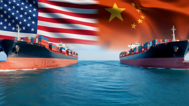 Container Ships Against USA and China Flags on the Ocean: International Trade Relations, Political Situation, Increased Import Tariffs, and Trade War Dispute Over Imports and Exports