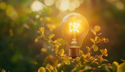 Illuminated light bulb nestled in greenery, bathed in golden sunlight