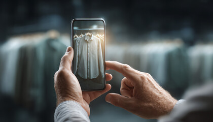 Augmented reality shopping, man using smartphone to view striped shirt overlay on blurred clothing rack, modern retail technology