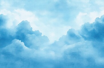 Soft blue watercolor painting of a cloudy sky with various fluffy cloud formations and a calming atmosphere