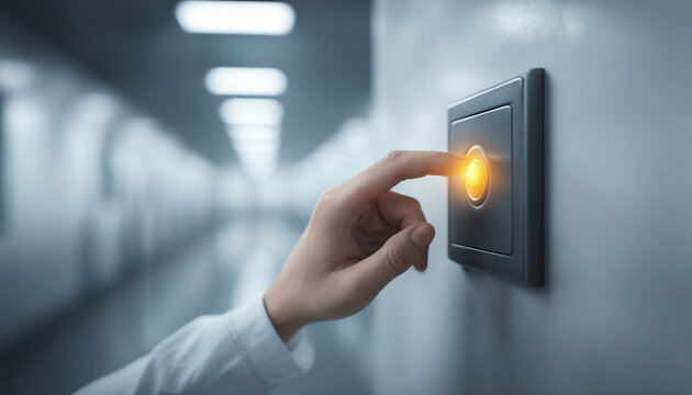 Hand pressing illuminated emergency help button on wall in modern hallway, urgent assistance, safety alert technology concept