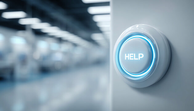 Futuristic help button with blue light in modern interior, emergency assistance concept, technology support