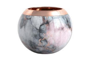 A spherical vessel with a marble-like pattern in shades of gray, pink, and white, accented by a copper-colored metallic rim