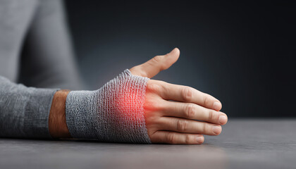 Male hand wrapped in gauze resting on table, wrist injury highlighted with red pain area, recovery and healthcare concept