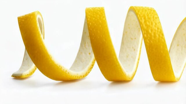 Bright and cheerful spiral of fresh yellow citrus peel, elegantly curled on a clean white surface, showcasing texture, color, and minimalism.