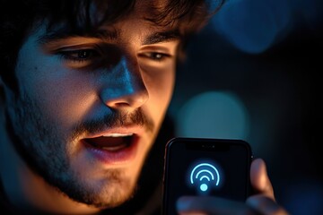 Close-up of young man speaking to smartphone with illuminated wifi or signal icon on screen in low light environment