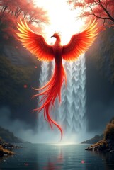 Majestic Red-feathered phoenix soaring gracefully before a grand waterfall, embodying power and beauty in a breathtaking natural landscape