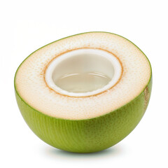 Green coconut cut open displaying fresh coconut water against a plain white surface ready to drink