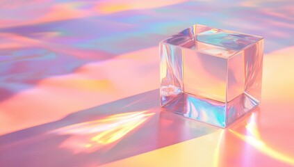 Clear glass cube on iridescent background