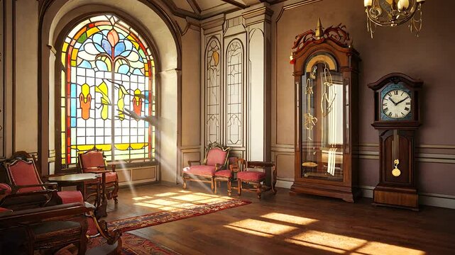 Elegant vintage interior with stained glass window, antique furniture, and soft sunlight illuminating room