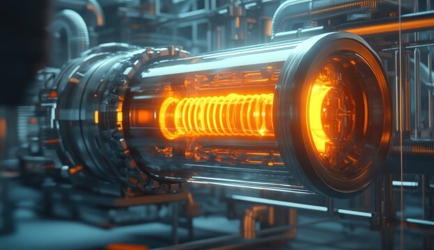 Futuristic, glowing, metallic engine component