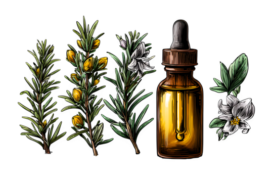 Vintage rosemary herb illustration set with sprigs, leaves, flowers, and herbal oil dropper. Fine botanical linework on clean white background. Ultra HD
