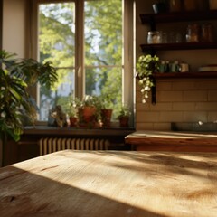 Sunlit kitchen counter with plants and window view.  Warm, natural light illuminates the wooden surface, creating a cozy atmosphere