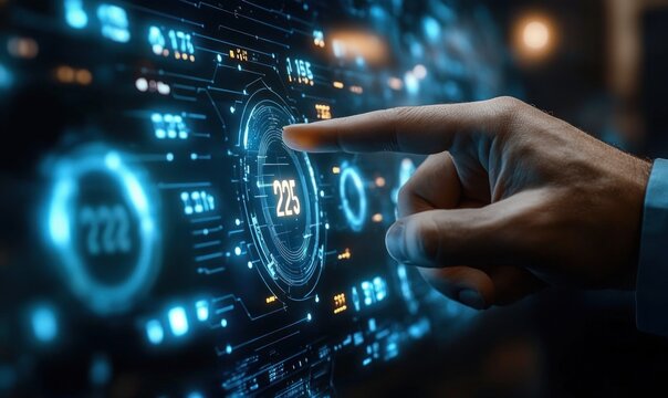 Hand interacting with futuristic blue digital touchscreen interface displaying data and numbers in a high-tech environment