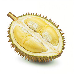 Obraz premium Halved durian showcases creamy yellow segments and thick husk against a white backdrop with soft shadows