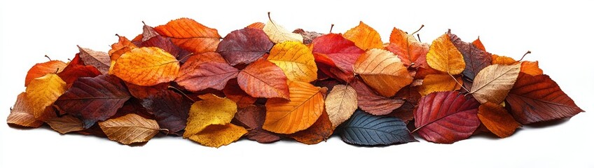 Obraz premium Close-up of a collection of autumn leaves in various shades of orange, red, yellow, brown, and dark blue arranged against a white background, conveying a seasonal and natural vibe