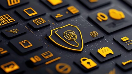 Abstract digital interface with various icons, a prominent gold shield