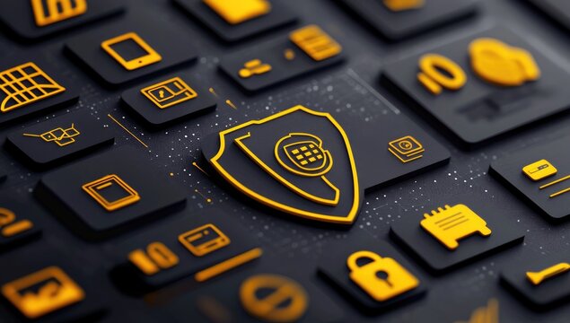 Abstract digital interface with various icons, a prominent gold shield
