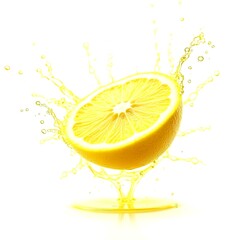 Lemon slices swirling in vibrant yellow juice, with splashes captured mid-motion, creating a refreshing and dynamic visual on a white or transparent background