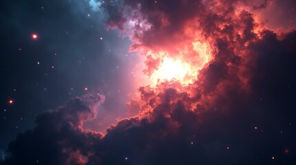 Naklejka premium Majestic space nebula with glowing cosmic clouds, shimmering stars, and deep galactic hues, creating a stunning, otherworldly scene perfect for sci-fi art, astronomy visuals, and fantasy designs