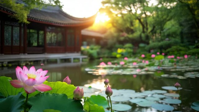 Lotus flower pond with green leaf and pink blossom near traditional wooden pavilion sunset peaceful garden scene soft sunlight natural beauty serene garden traditional architecture calming atmosphere