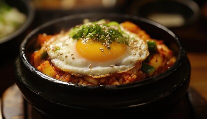 Spicy rice dish with fried egg, topped with sesame seeds and green onions