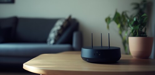 Obraz premium Black wireless router on a wooden coffee table in a living room