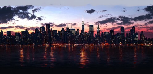 Fototapeta premium Vibrant city skyline at dusk with illuminated skyscrapers reflecting on calm water under a colorful cloudy sky