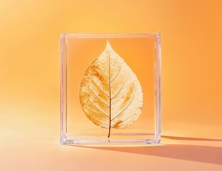 A pale, golden autumn leaf encased in a clear acrylic box, set against a soft orange background