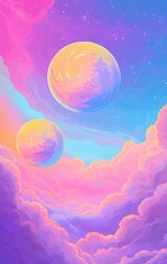 Two vibrant planets float amidst pastel clouds in a dreamy, starry sky