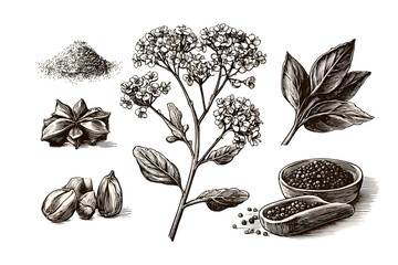 Vintage seed sketch of mustard with branching flowers, seeds, pods, and crushed spice forms in detailed engraved format. Ultra HD