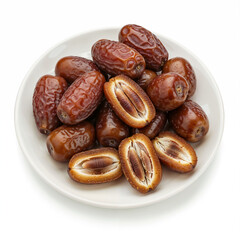 Obraz premium Delicious dates are piled high on a plate some are cut in half displaying seeds