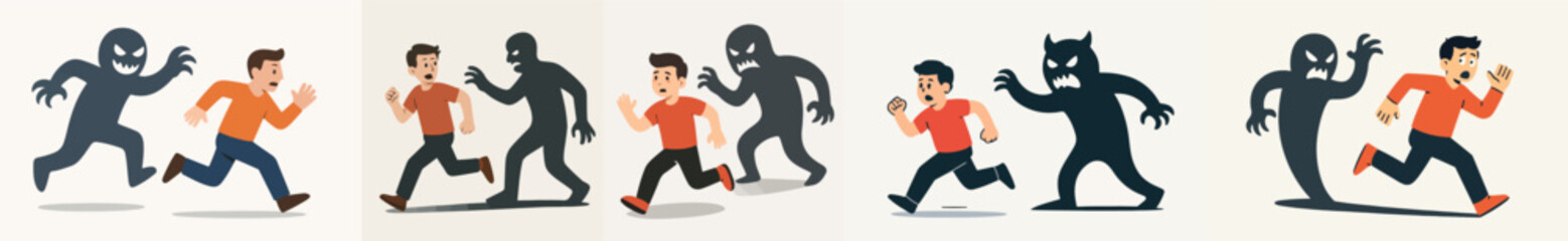 Vector Set The man is running away from his scary shadow

